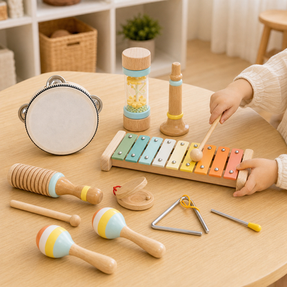 Criança tocando xilofone do kit completo de instrumentos musicais