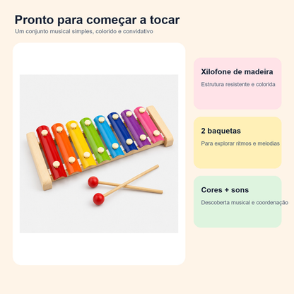 Conteúdo e benefícios do xilofone infantil de madeira com duas baquetas