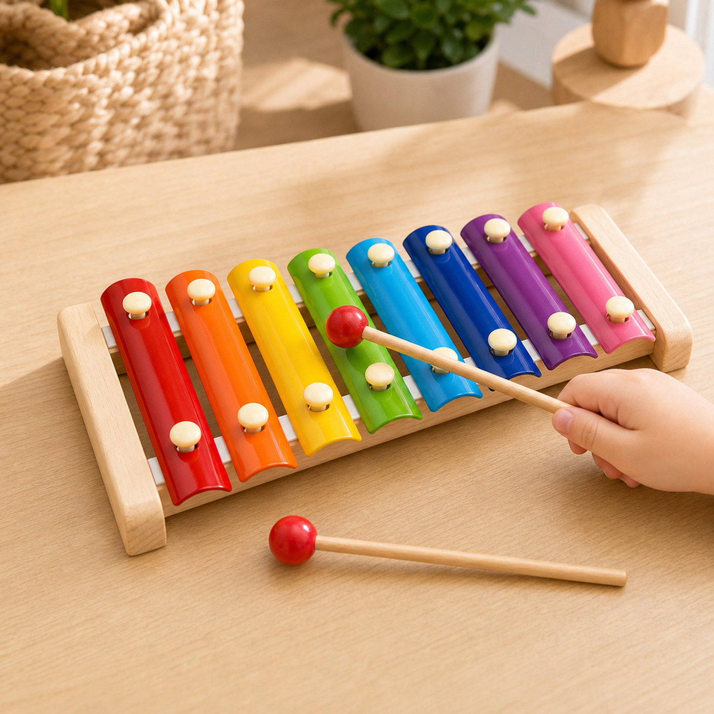 Mão infantil tocando xilofone colorido de madeira com baqueta