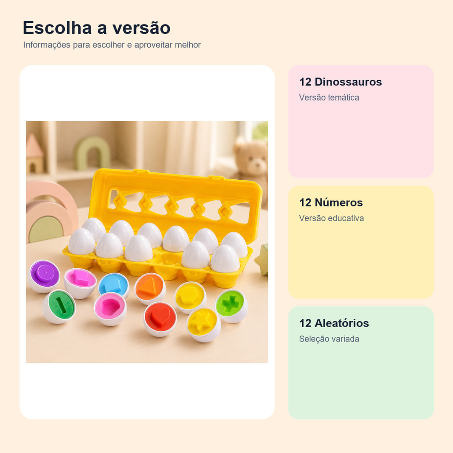 Medidas, conteúdo e benefícios de ovos de encaixe Montessori de cores e formas para comparar antes da compra