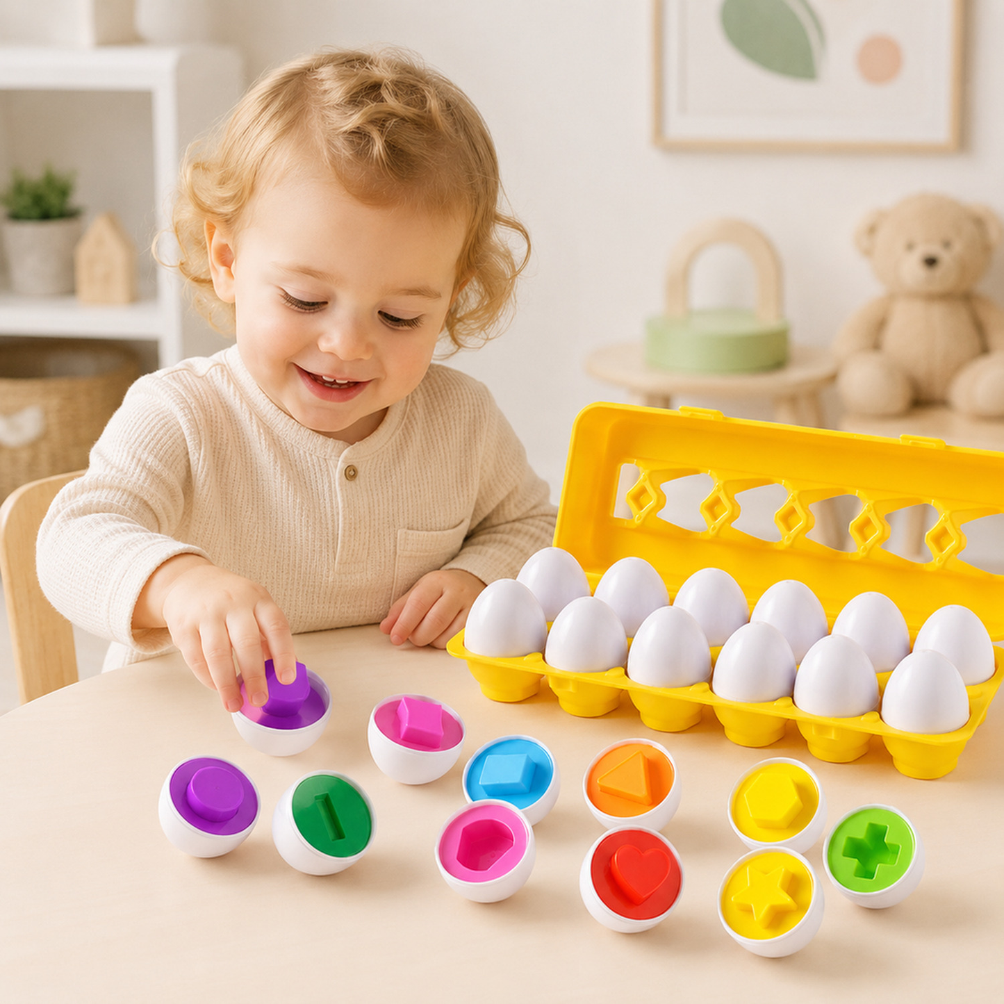 Criança brincando com ovos de encaixe Montessori de cores e formas