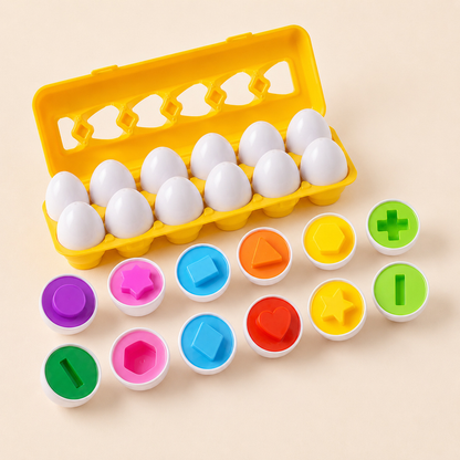 Ovos de encaixe Montessori com formas geométricas coloridas