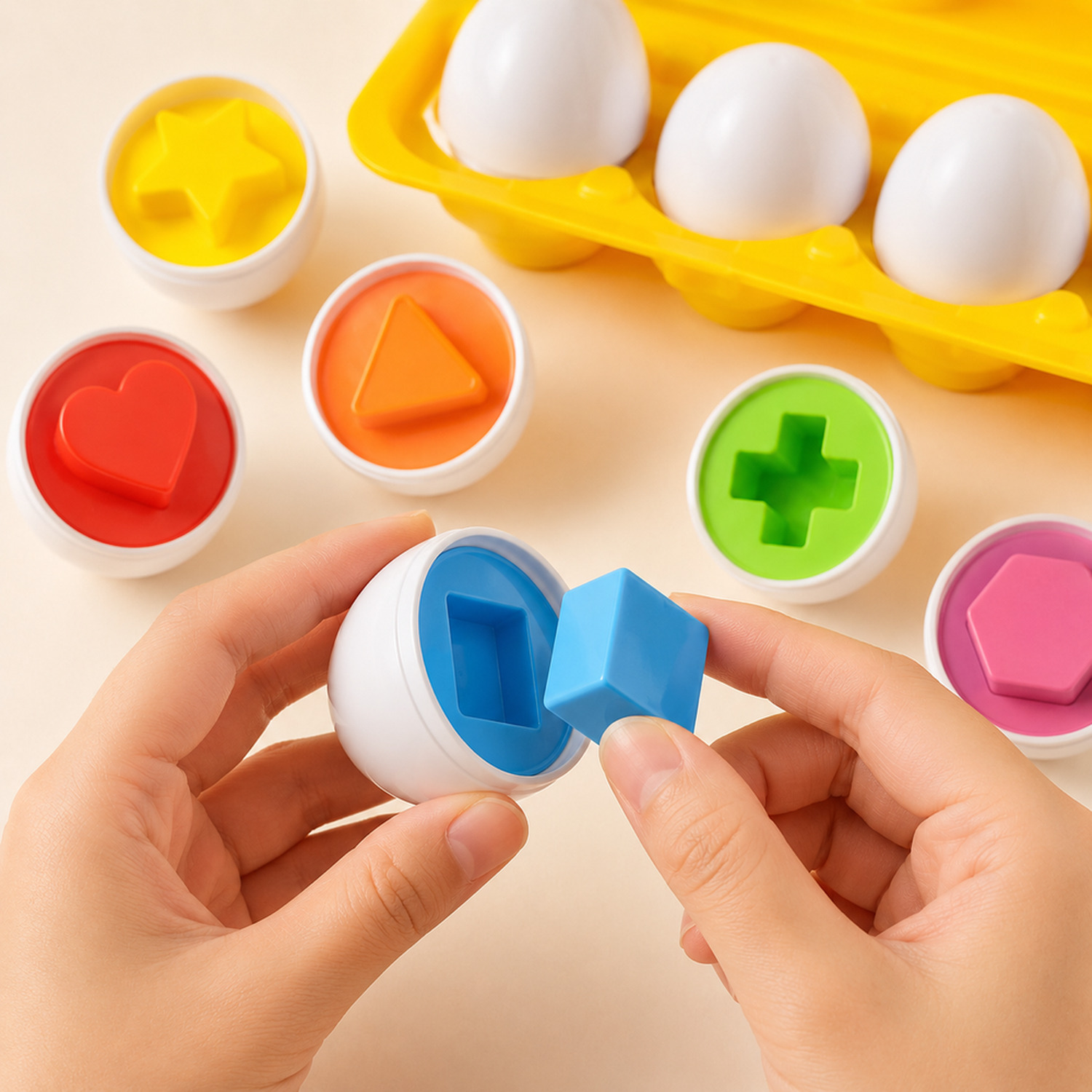 Brincadeira de montar ovos de encaixe Montessori por cores e formas