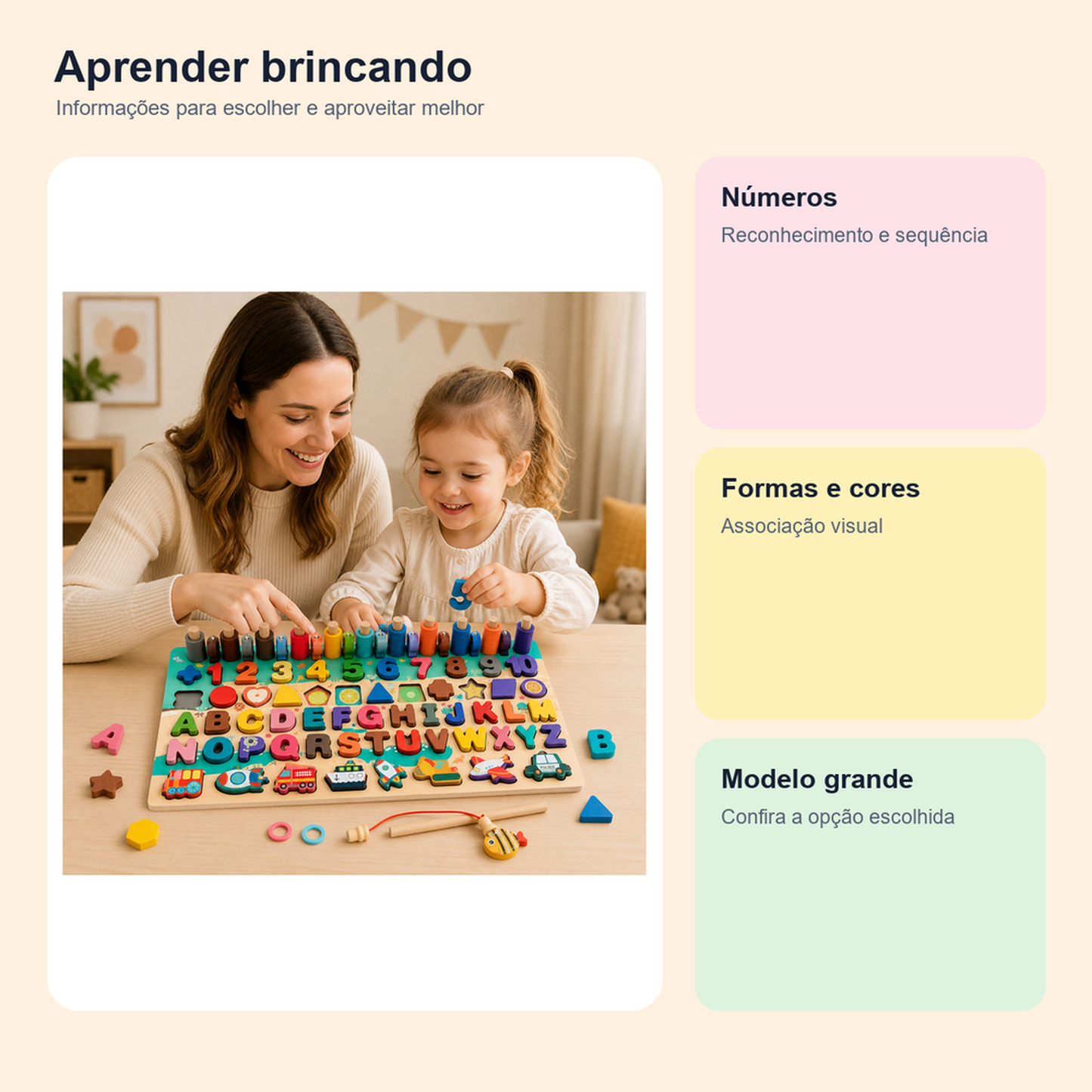 Medidas, conteúdo e benefícios de quebra-cabeça Montessori grande de números e formas para comparar antes da compra