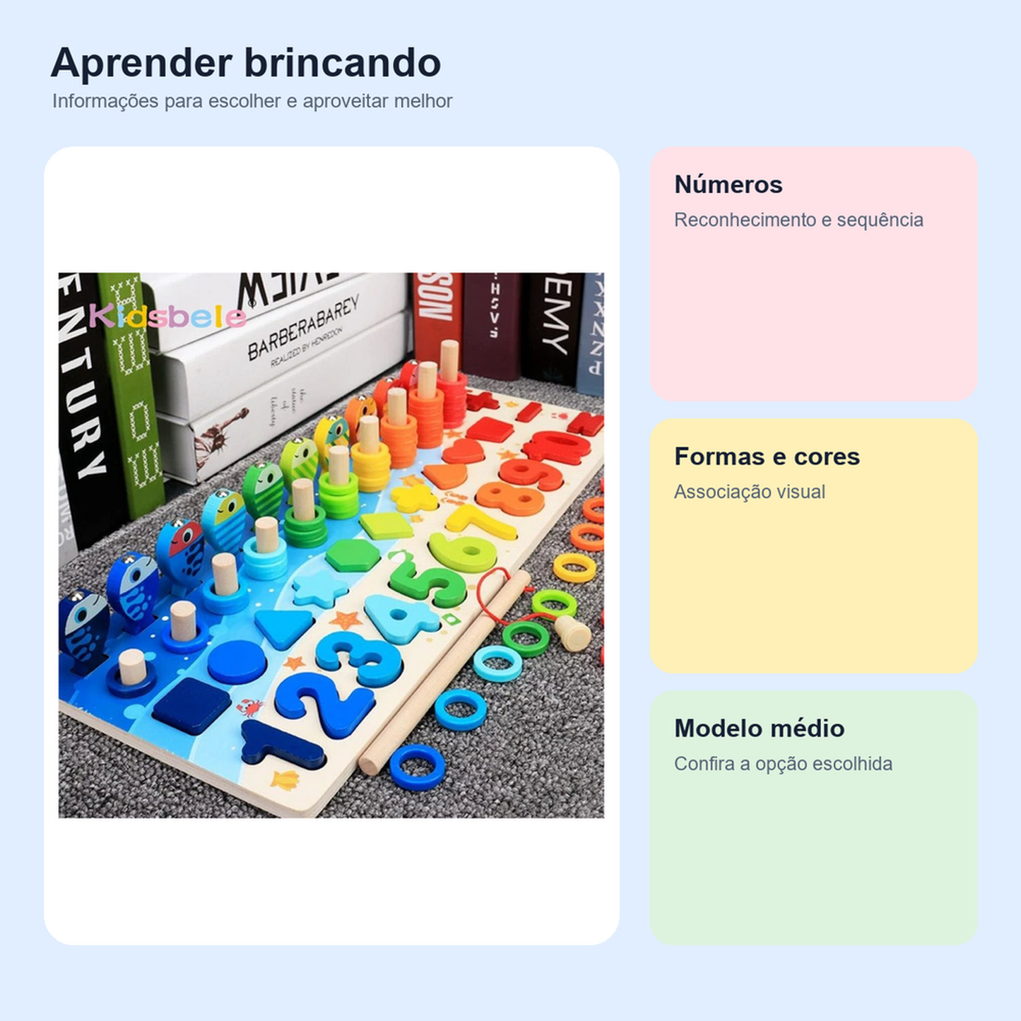 Medidas, conteúdo e benefícios de quebra-cabeça Montessori médio de números e formas para comparar antes da compra