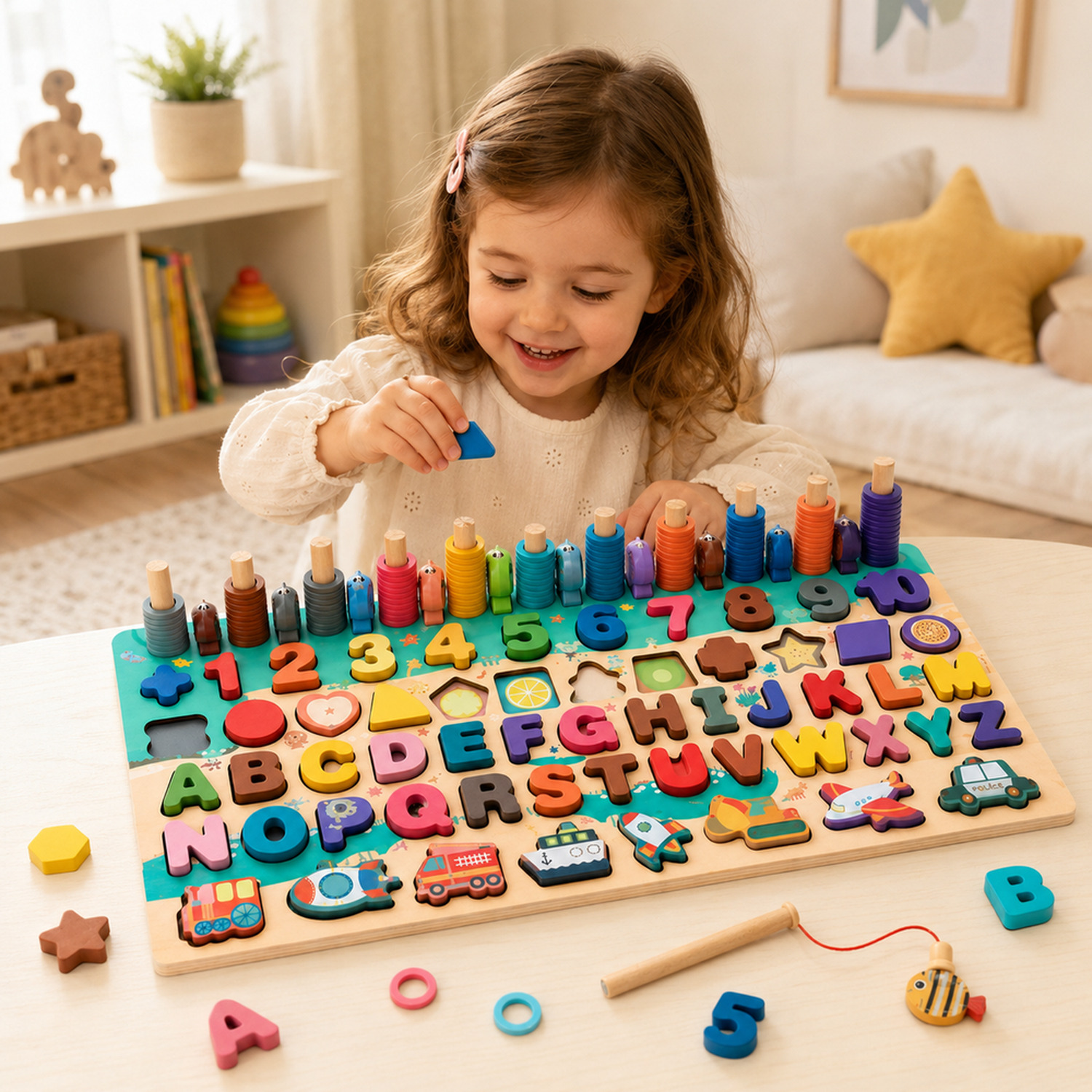 Criança brincando com quebra-cabeça Montessori grande de madeira com números, letras e formas
