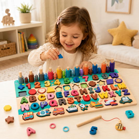 Criança brincando com quebra-cabeça Montessori grande de madeira com números, letras e formas