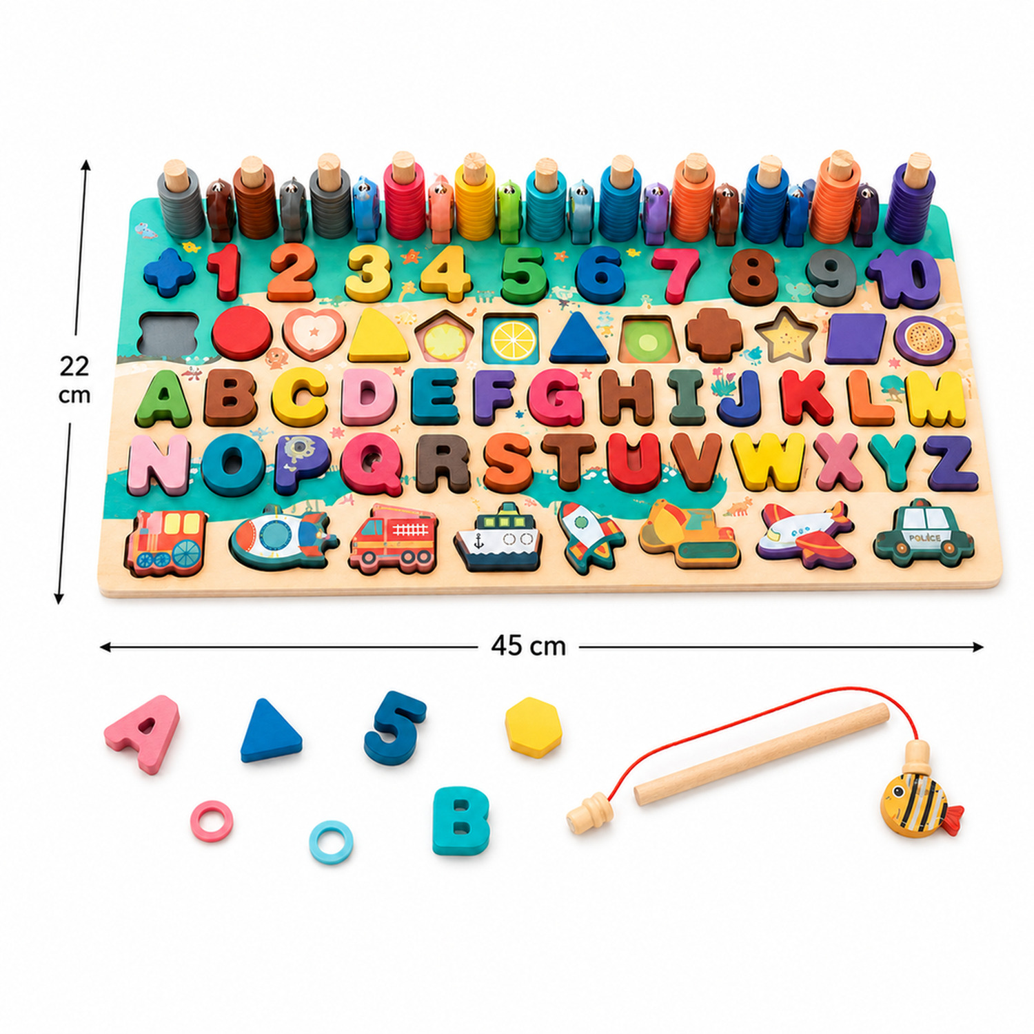 Medidas do quebra-cabeça Montessori grande de madeira com letras, números, formas e pescaria