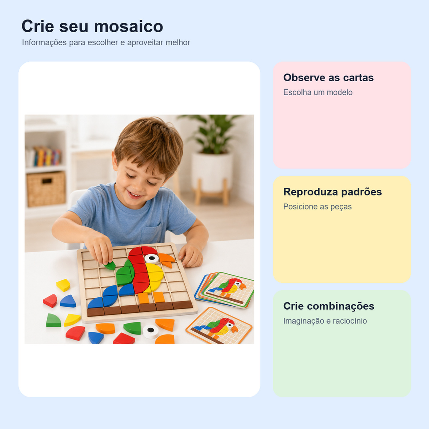 Medidas, conteúdo e benefícios de quebra-cabeça mosaico de madeira com cartas Montessori para comparar antes da compra