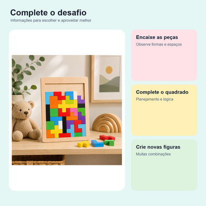 Medidas, conteúdo e benefícios de quebra-cabeça Tetris de madeira Montessori para comparar antes da compra