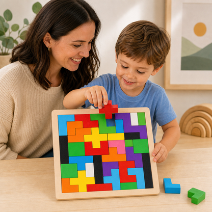 Mãe e criança montando juntas o quebra-cabeça Tetris de madeira
