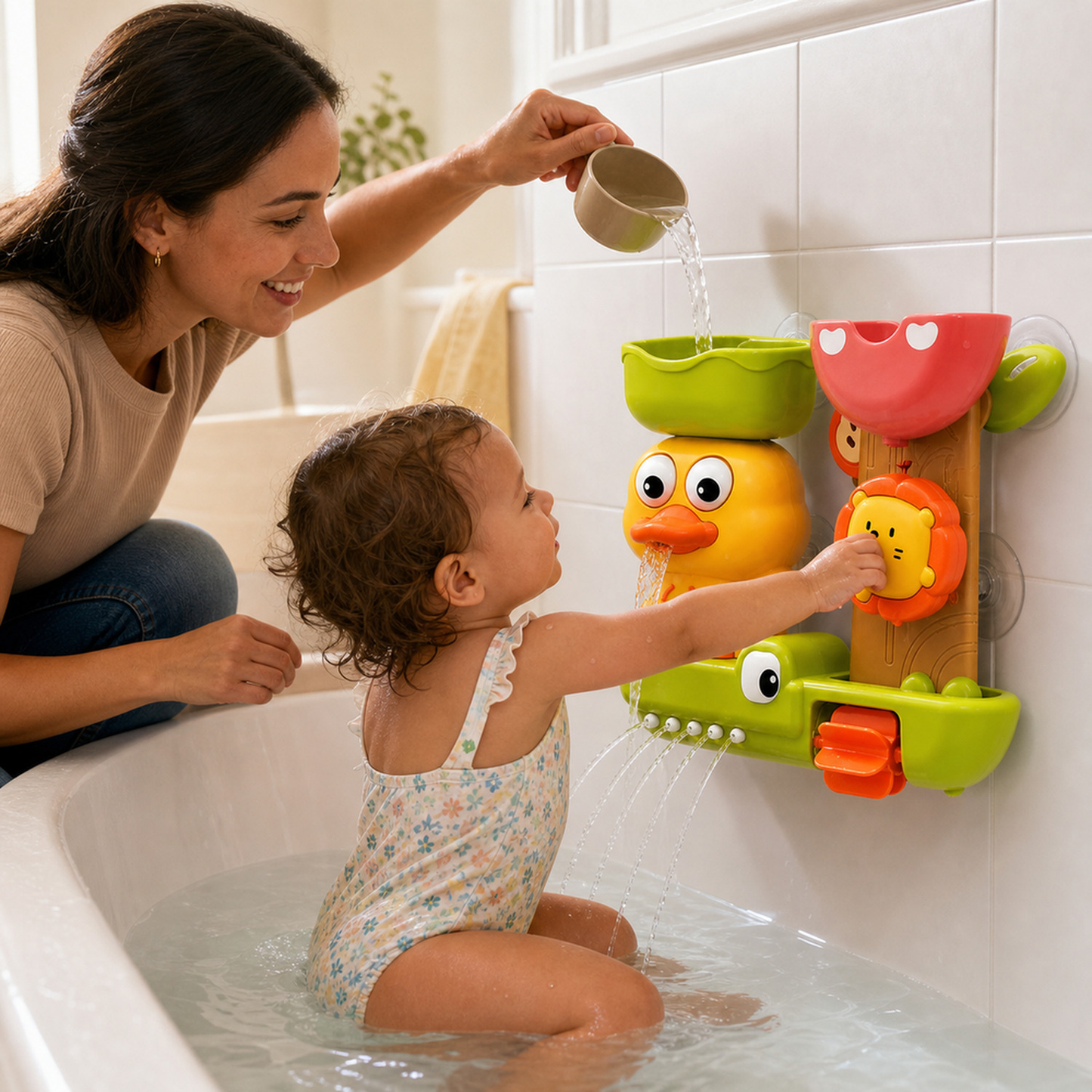 Mãe e criança usando o brinquedo de banho roda d'água modelo pato