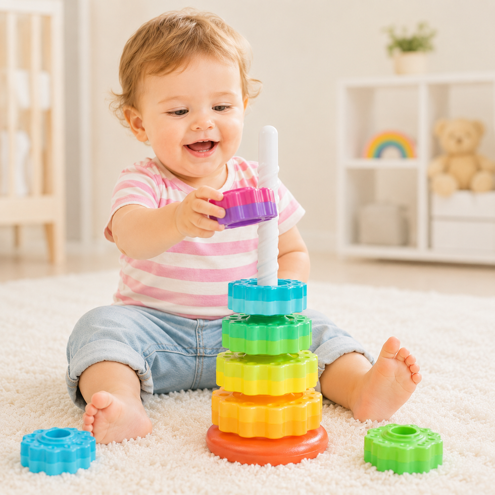 Criança brincando com torre gira-gira educativa no quarto infantil
