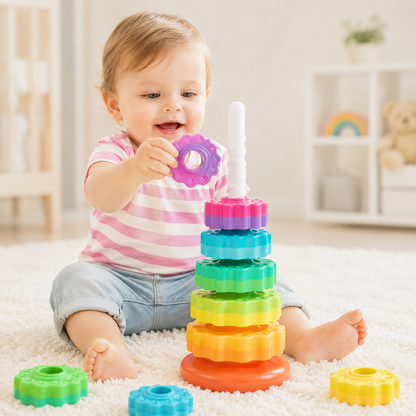 Brincadeira de descoberta com torre gira-gira em ambiente infantil