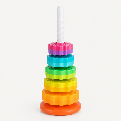 Torre gira-gira infantil colorida com peças empilhadas
