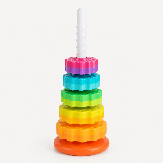 Torre gira-gira infantil colorida com peças empilhadas