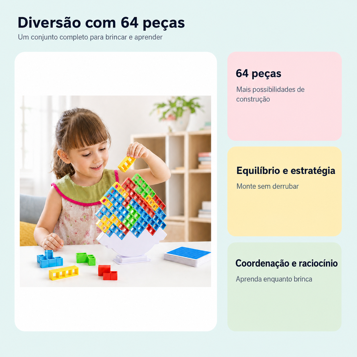 Jogo Torre Tetris com 64 peças para equilíbrio, estratégia e coordenação