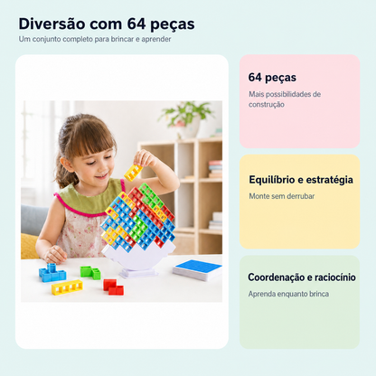 Jogo Torre Tetris com 64 peças para equilíbrio, estratégia e coordenação