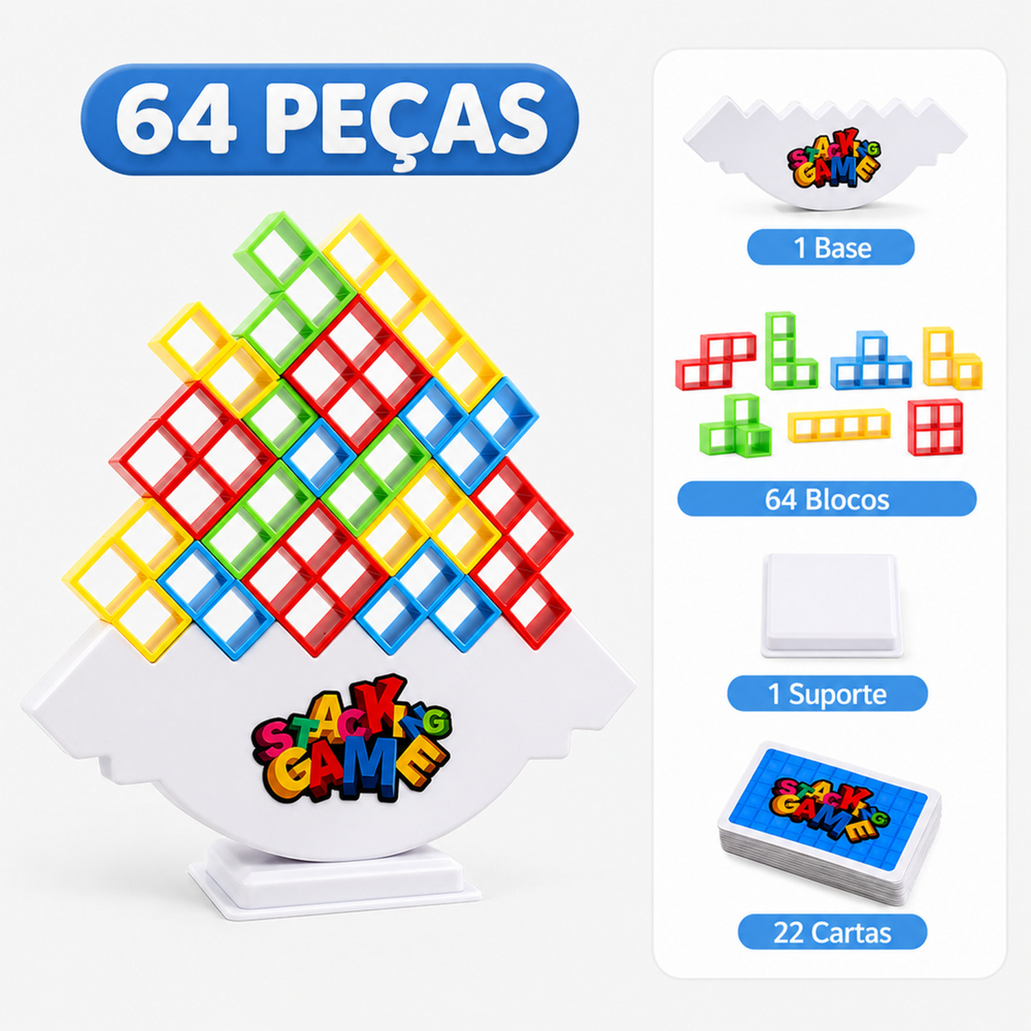 Jogo de equilíbrio Torre Tetris com 64 peças, base, suporte e cartas