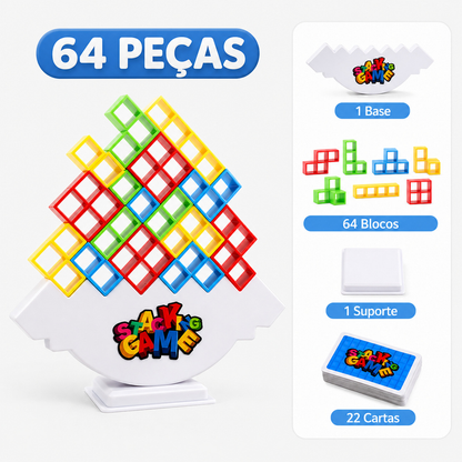 Jogo de equilíbrio Torre Tetris com 64 peças, base, suporte e cartas