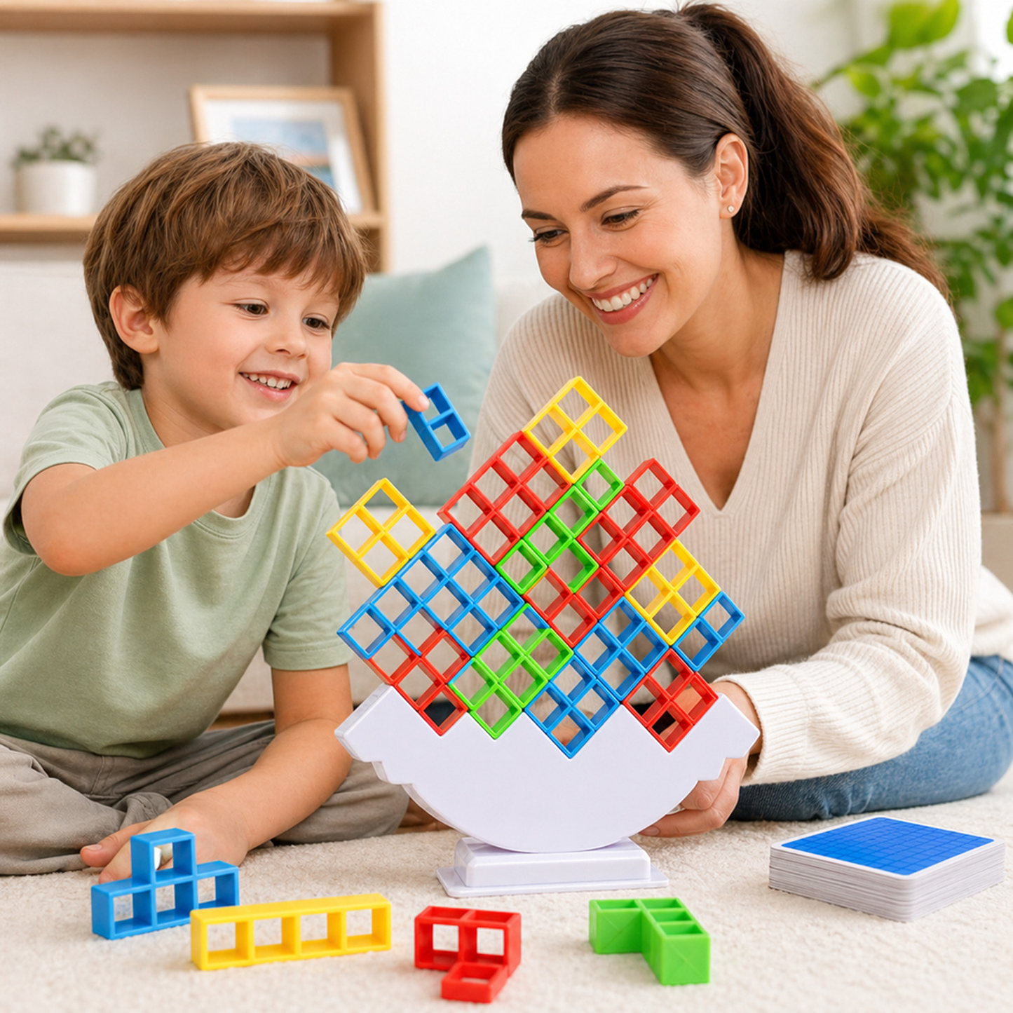 Mãe e filho brincando com jogo de equilíbrio Torre Tetris colorido