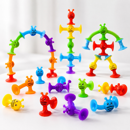 Criações coloridas feitas com brinquedo sensorial de ventosas