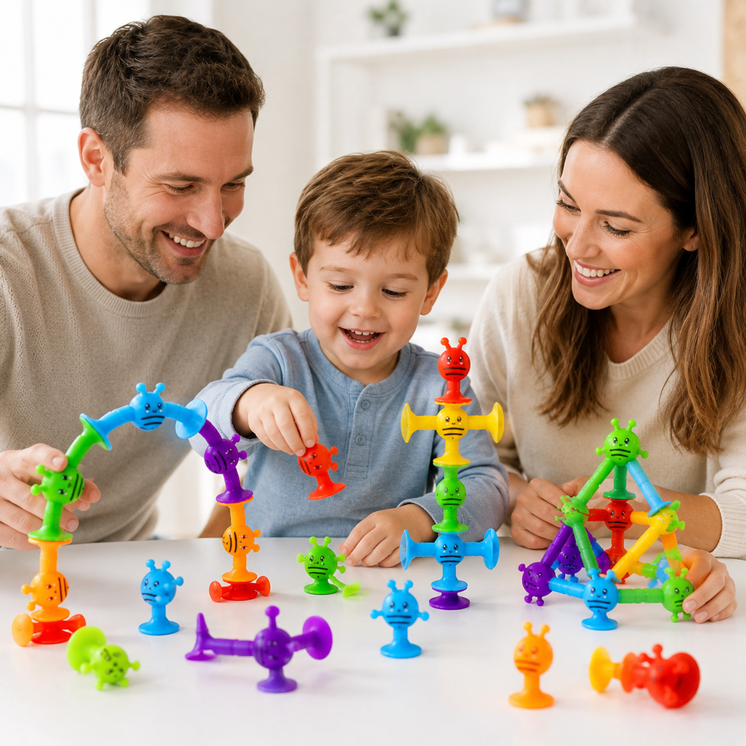 Família brincando com brinquedo sensorial de montar com ventosas coloridas