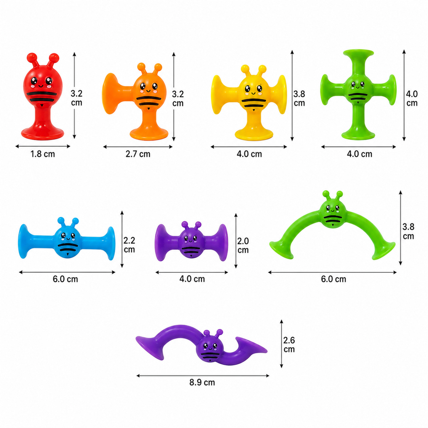 Guia de tamanhos das peças do brinquedo sensorial de ventosas