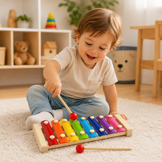 Criança pequena brincando com xilofone infantil educativo