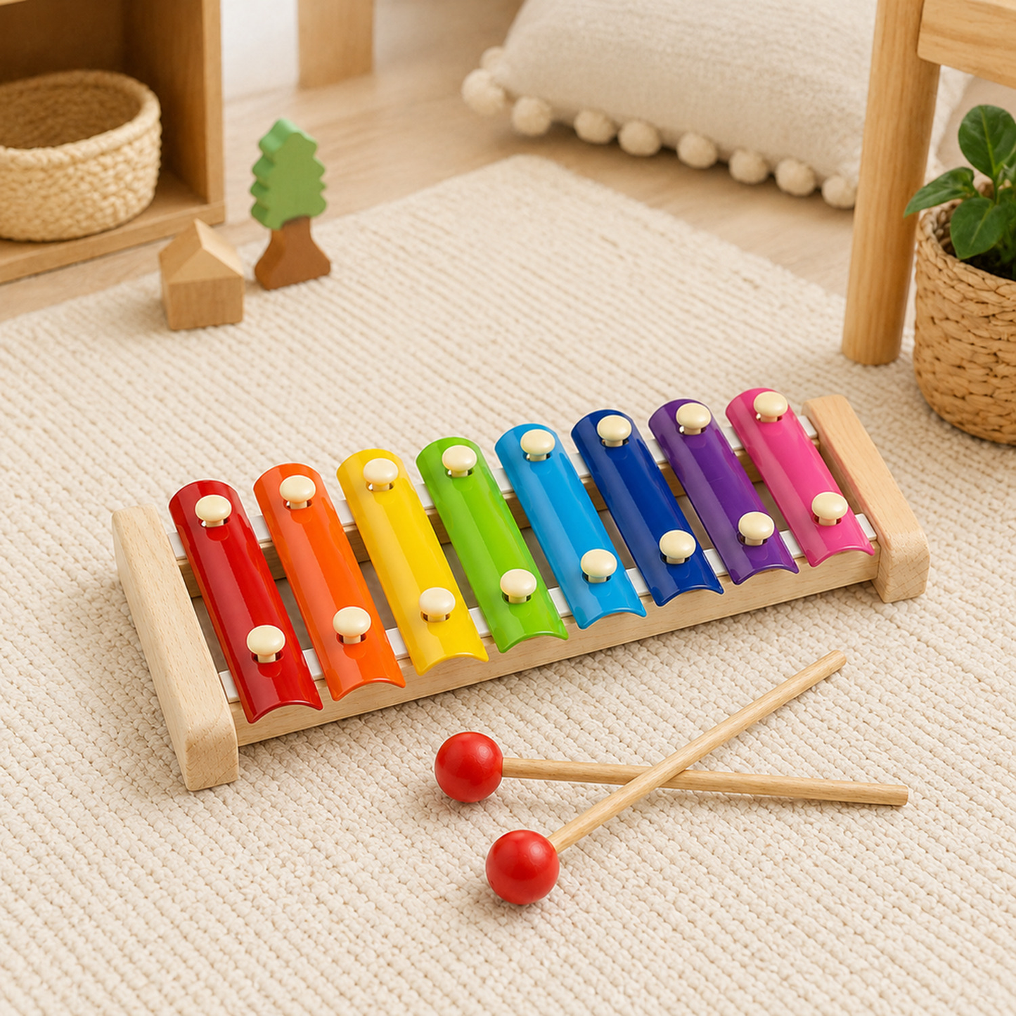 Xilofone infantil colorido em ambiente de brincadeira aconchegante